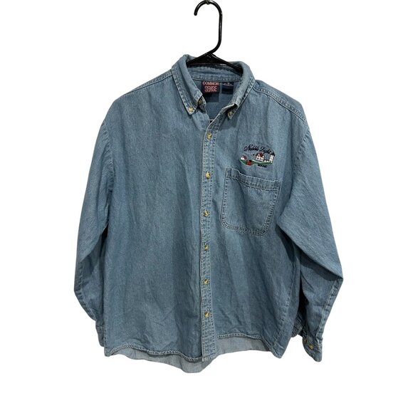 Vintage Common Sense Denim Shirt Blue Sz Medium Nubble Light Embroidery Retro - Picture 1 of 10